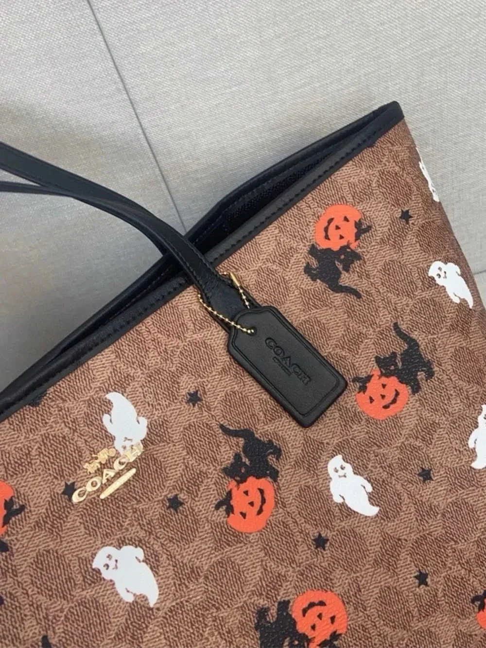 Coach Brown Halloween Print Tote with Black Handles and Orange Accents